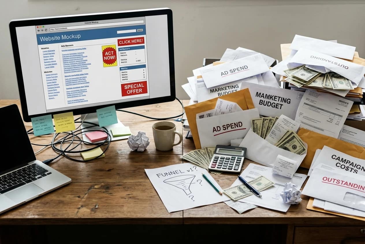 A desk split into two halves: on one side a bare, link-stuffed webpage mockup with blinking ad banners and no readers in sight, on the other a stack of unopened envelopes labeled 'ad spend' spilling out, showing money and effort poured into an unproven funnel.