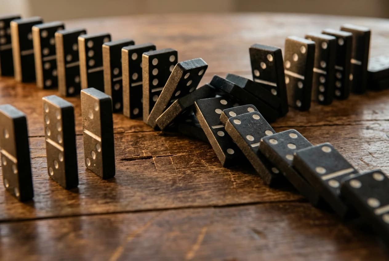 A row of dominoes set up out of order, some already toppled awkwardly into each other instead of in a clean line, photographed close-up on a wooden table with warm side lighting, illustrating effort and motion without the right sequence producing results.