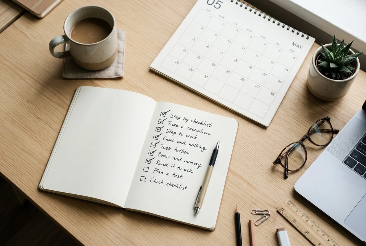 An organized workspace shot from above: a notebook open to a clear step-by-step checklist with boxes ticked in order, a cup of coffee, and a calendar nearby marked past month five without any cross-outs, conveying a deliberate, validated process instead of guesswork.