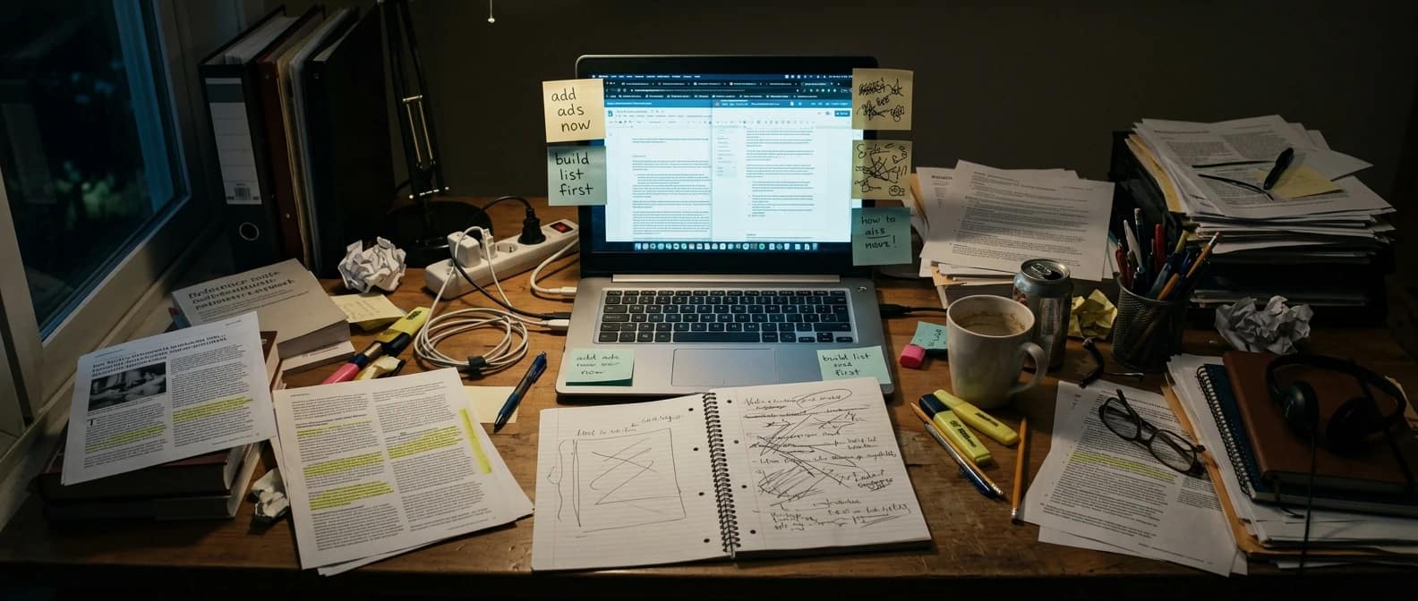 A cluttered home desk at night lit by a laptop screen, surrounded by scattered printed articles, sticky notes with contradictory scribbles like 'add ads now' and 'build list first', and a half-finished notebook outline, conveying the chaos of piecing together advice with no order.