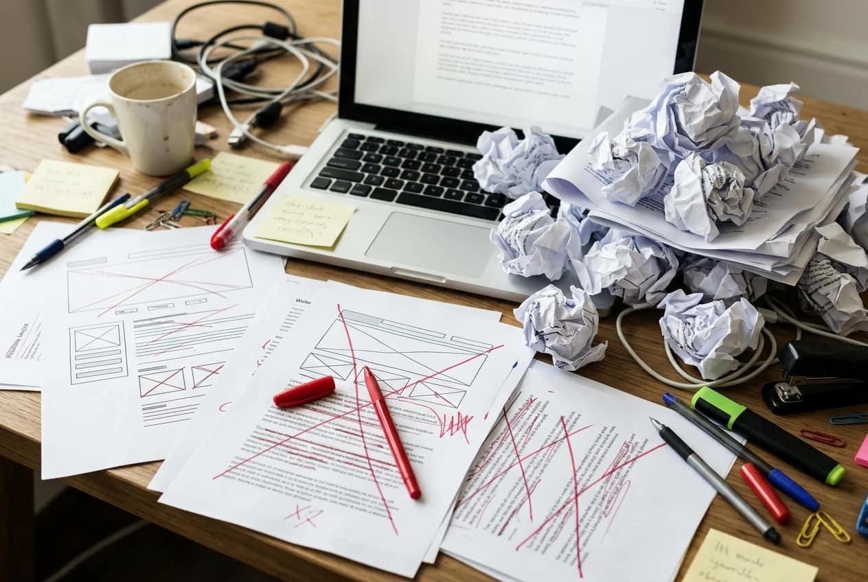 A cluttered desk with printed website pages crossed out in red pen and a stack of crumpled drafts beside a laptop, suggesting wasted effort from having to rewrite old content.