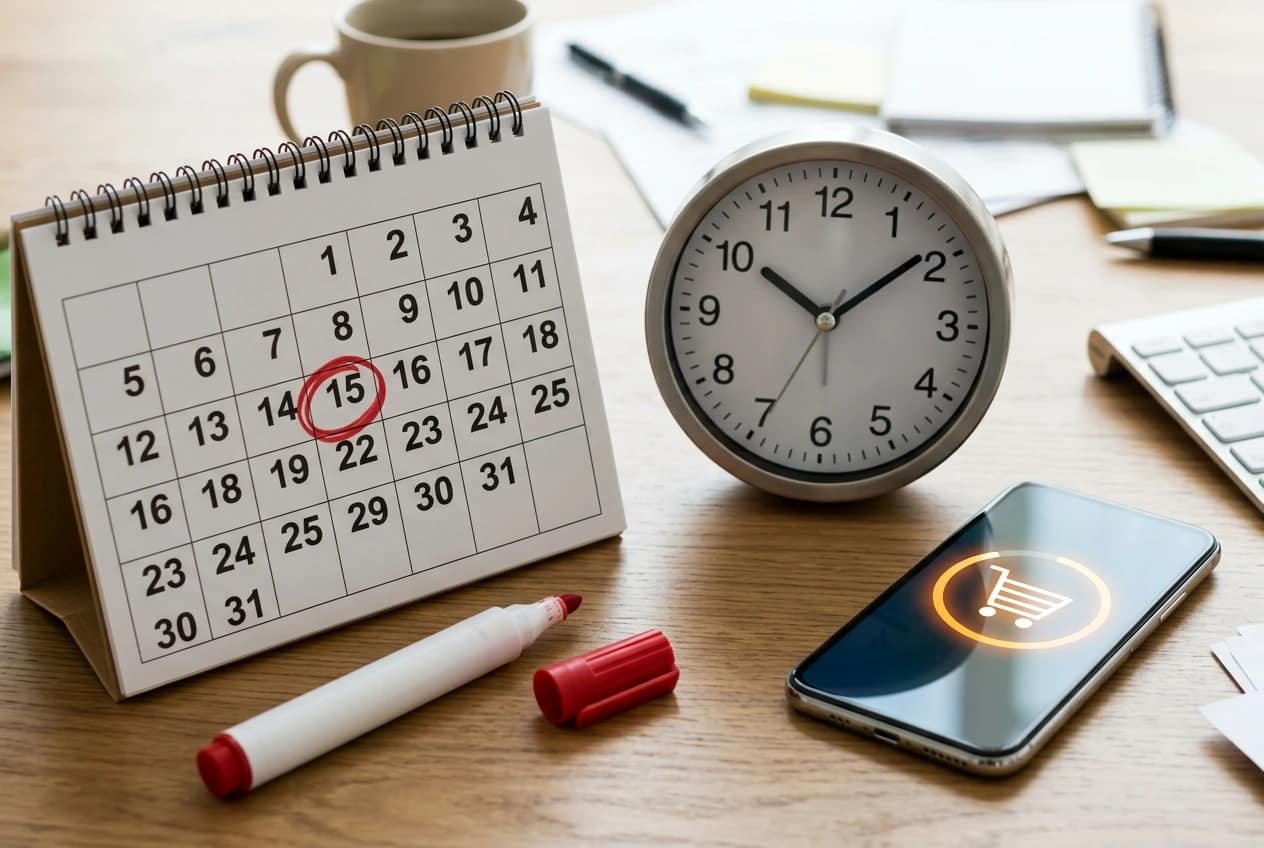 A desk calendar with a date circled in red marker next to a ticking analog clock and a smartphone showing a shopping cart icon, representing the countdown of a cookie window before a sale credit expires.