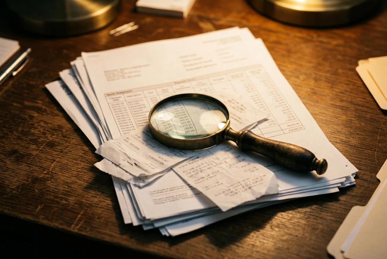 A magnifying glass resting over a stack of printed bank statements and payment receipts on a wooden desk, warm desk-lamp light, suggesting careful scrutiny of a vendor's payment track record.