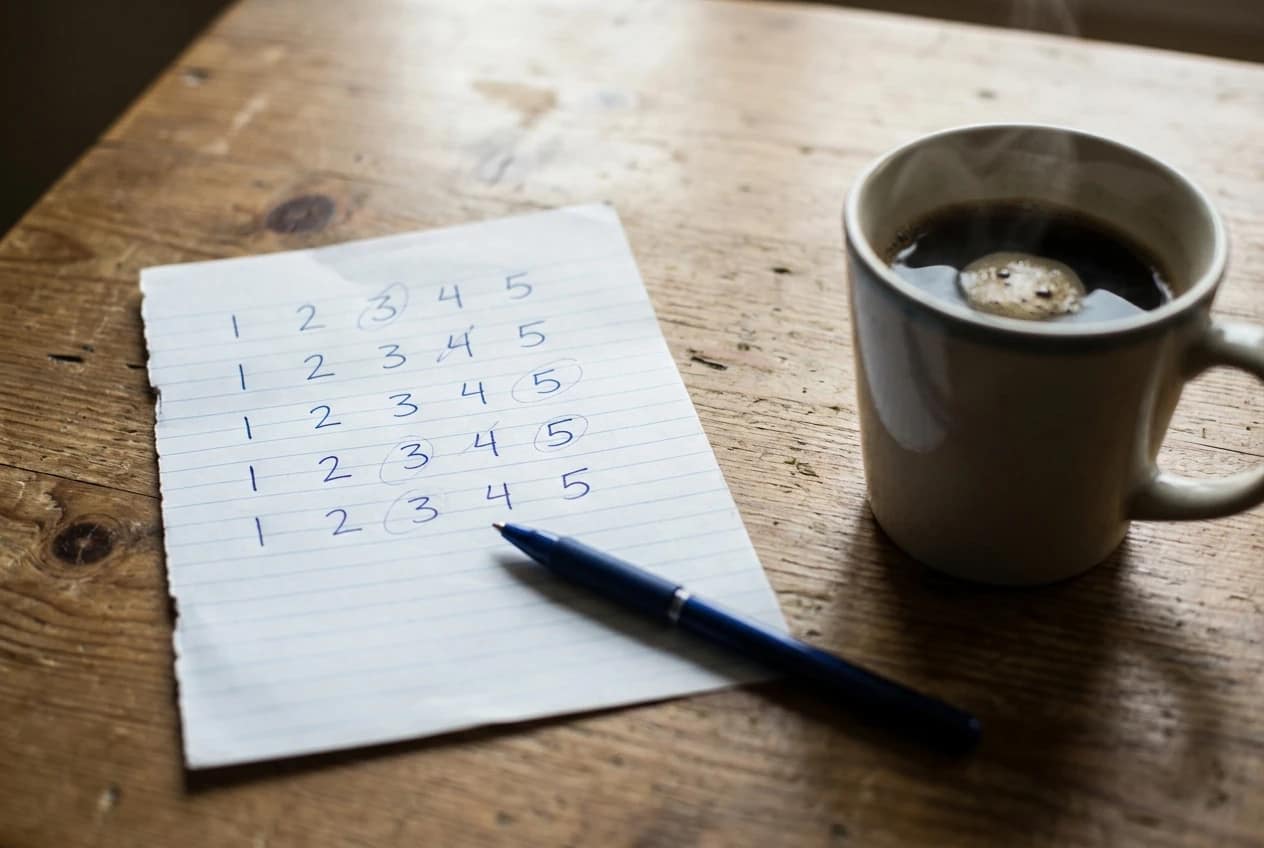 A handwritten scoring sheet on lined paper with five rows of numbers from 1 to 5 next to a pen and a cup of coffee on a wooden table, soft natural window light.